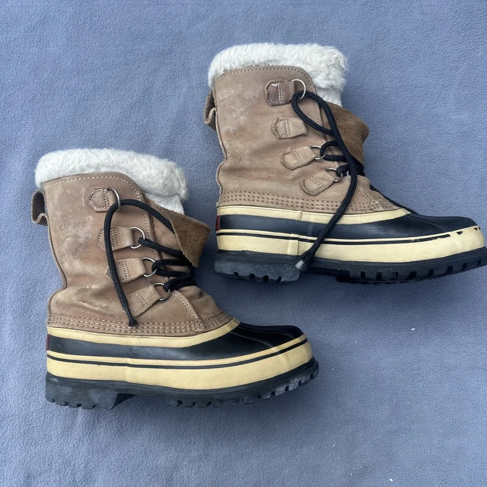 Sorel Caribou Snow Boots Womens 6 Lace Up Tan Leather Faux Fur Made in Canada